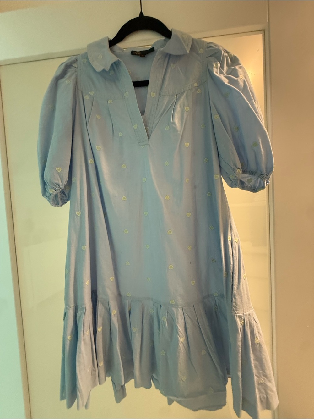 Maje Light Blue Heart-Embroidered Puff Sleeve Kids Dress